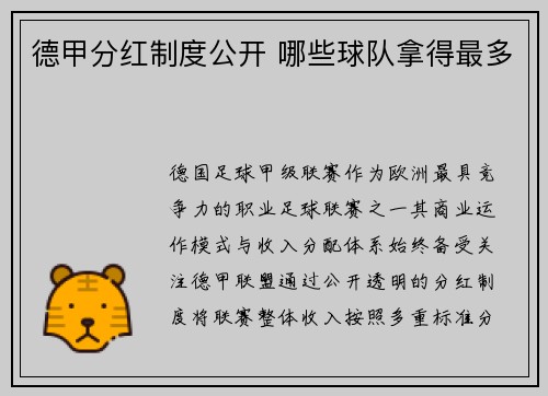 德甲分红制度公开 哪些球队拿得最多